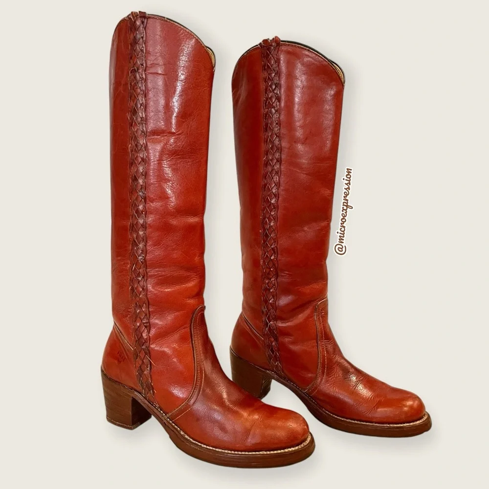 VINTAGE 1970s Frye Leather Red-Brown Leather Braided Knee High Block Heel Boot